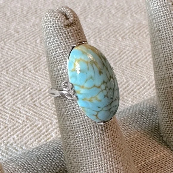 Vintage Faux Turquoise Mid Century Modern Statement Ring SZ 5 3/4 Elongated Oval - Picture 5 of 17